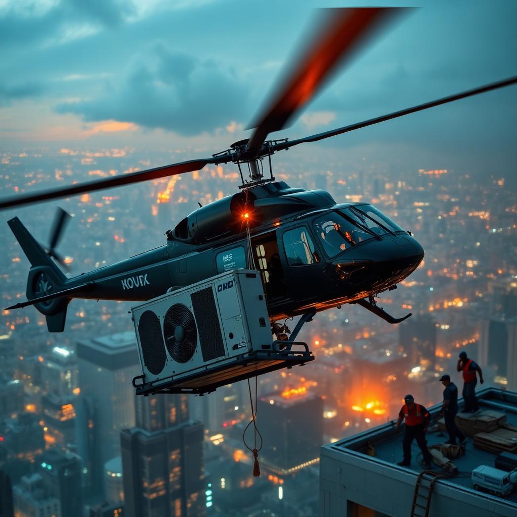 Schwerlast-Hubschrauber setzt HVAC-Einheit per Außenlast auf Hochhausdach mit dramatischer Skyline