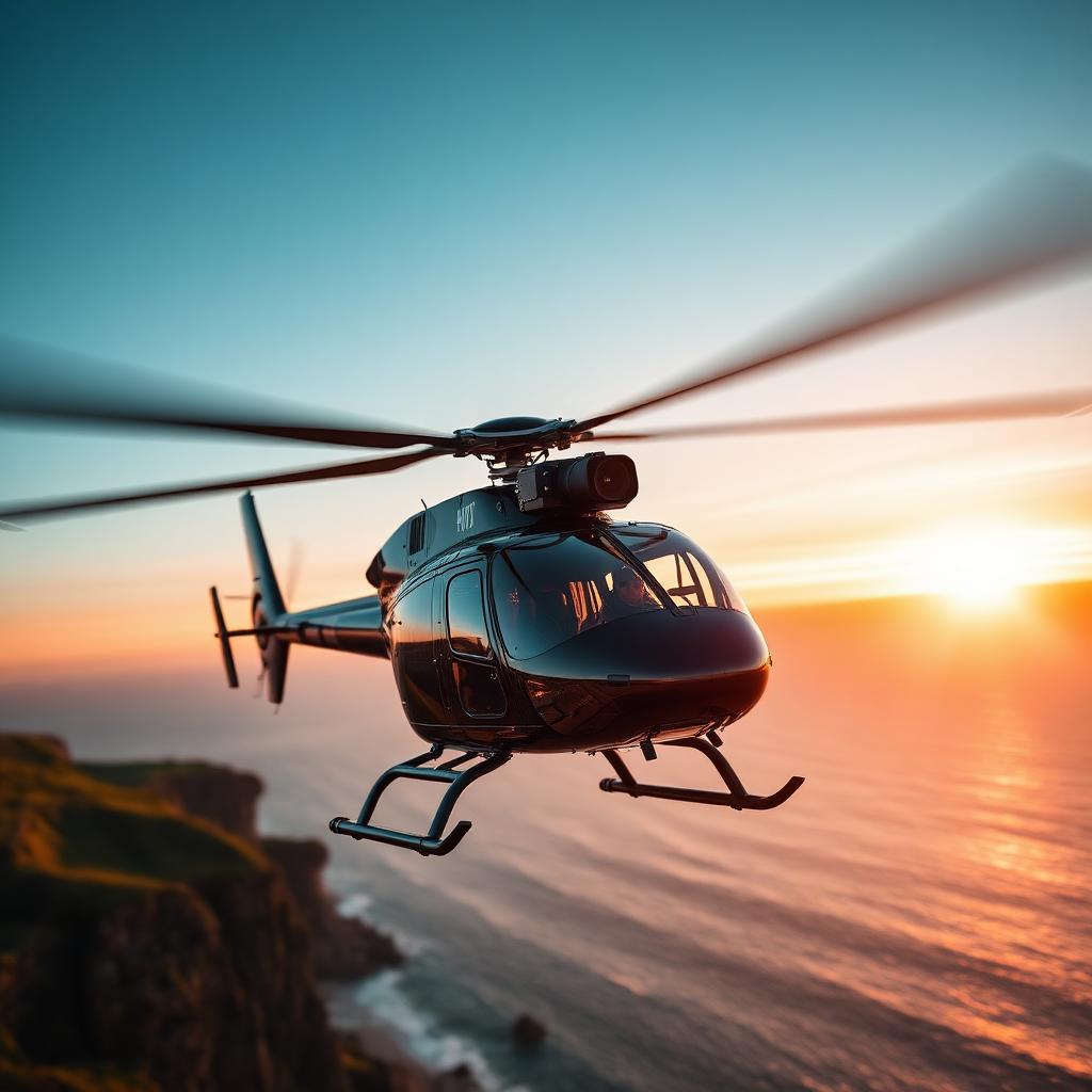 H125-Filmhubschrauber mit kreiselstabilisierter Nasenkamera im Tiefflug über Küstenklippen im Sonnenuntergang
