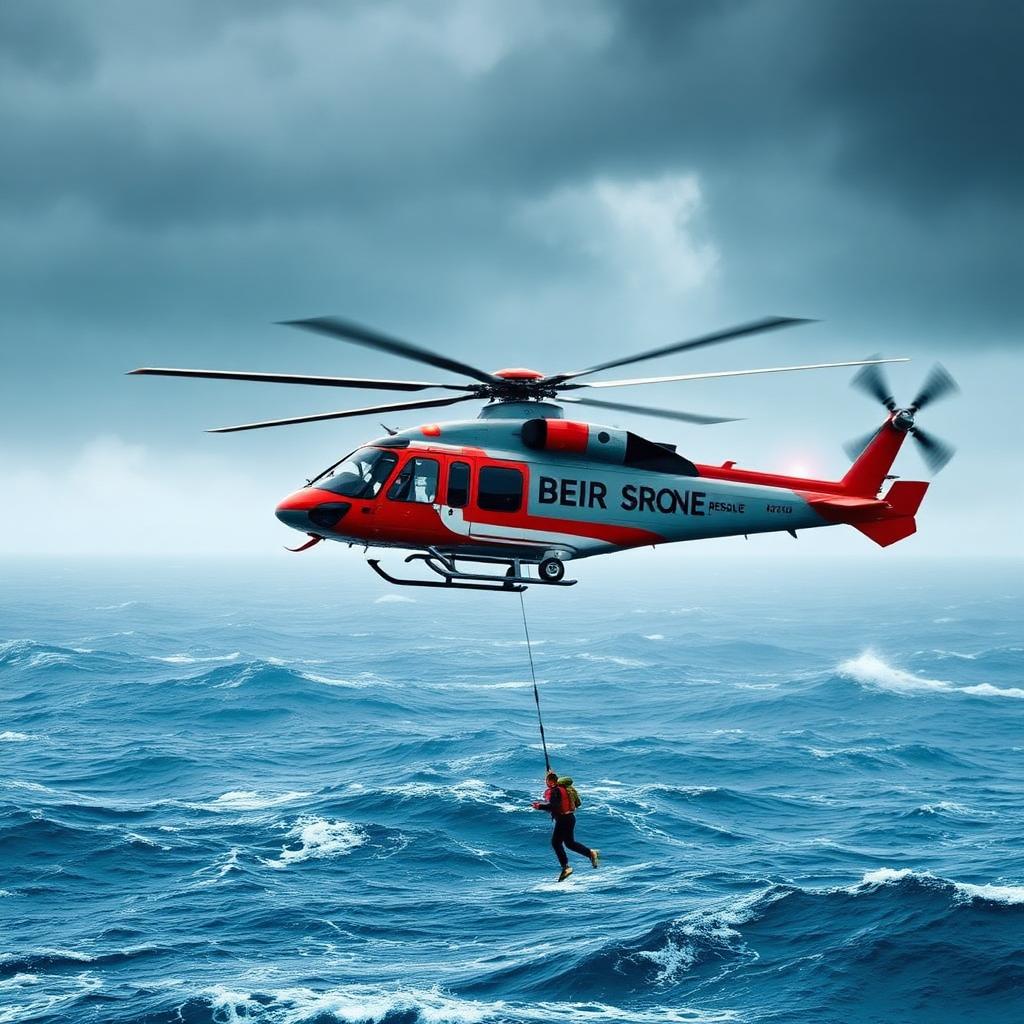 AW189-Rettungshubschrauber setzt Rettungsschwimmer per Winde über stürmischer See ab