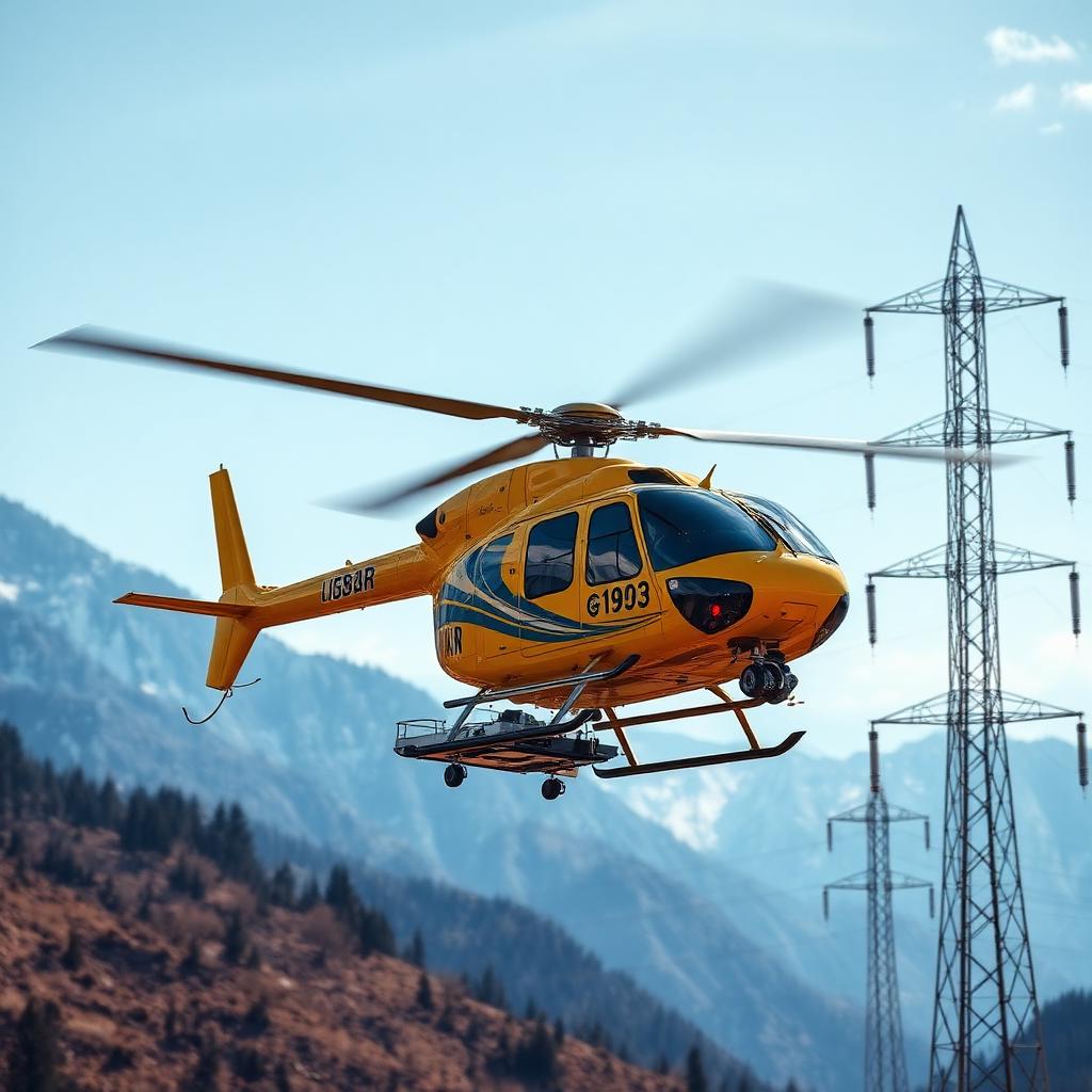 Inspektionshubschrauber mit LiDAR-Pod im Schwebeflug neben Hochspannungsmast in Gebirgslandschaft