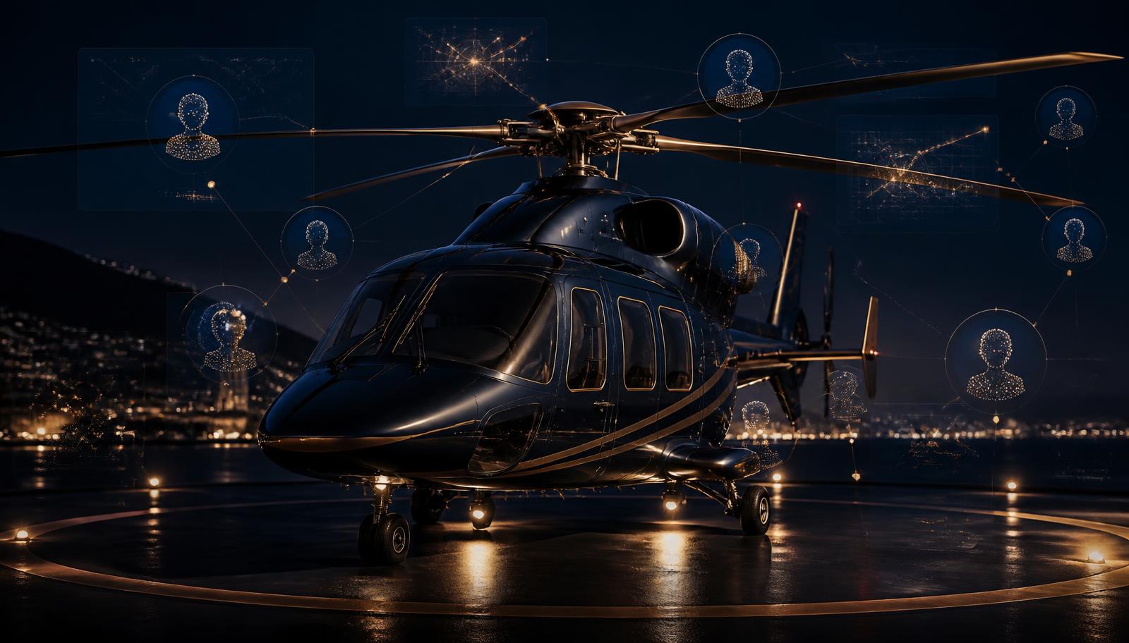 Executive twin-engine helicopter on a night helipad with AI agent data connections overlaid
