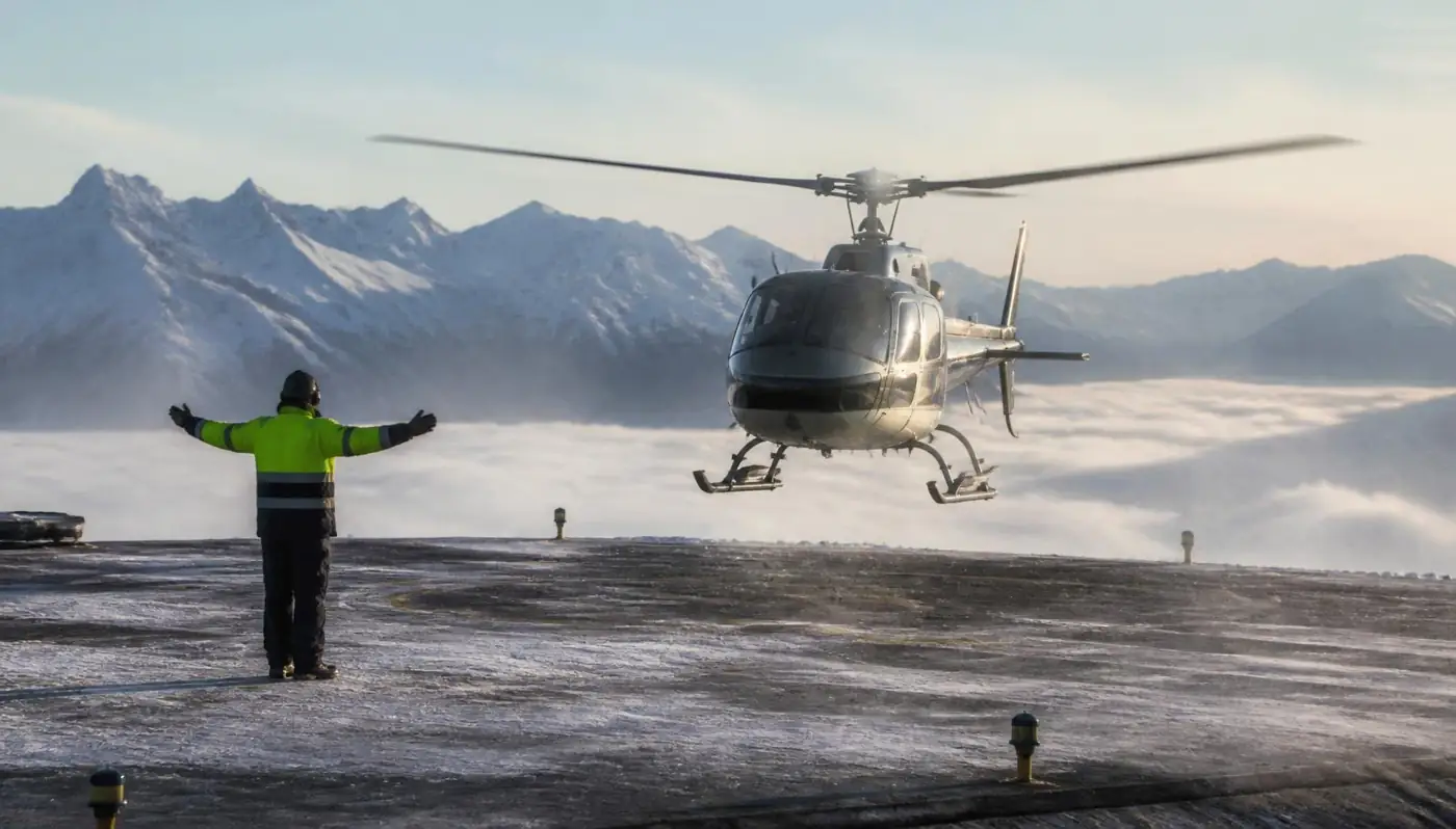 Helicopter touching down on a mountain altiport helipad with a marshaller signalling