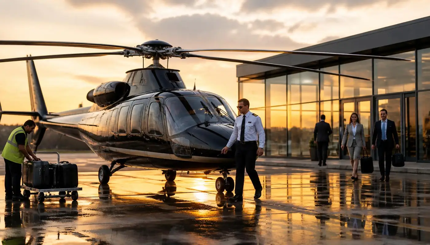 Ground crew loading luggage while a pilot performs a walkaround before a private helicopter departure