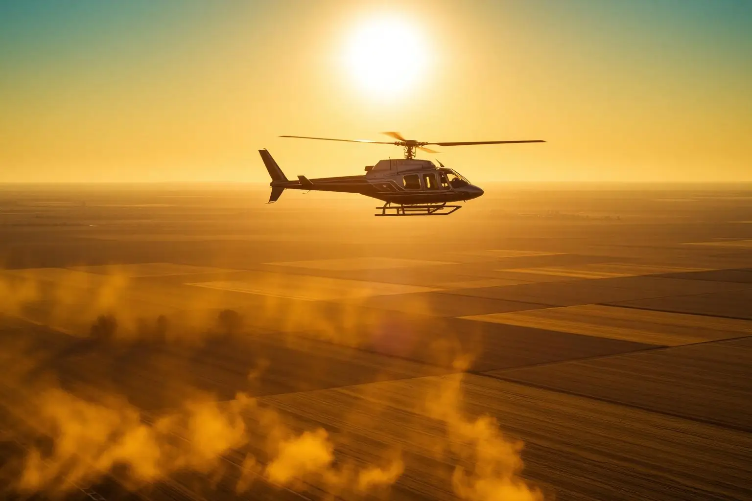 Helicopter flying low over large-scale farmland at golden hour