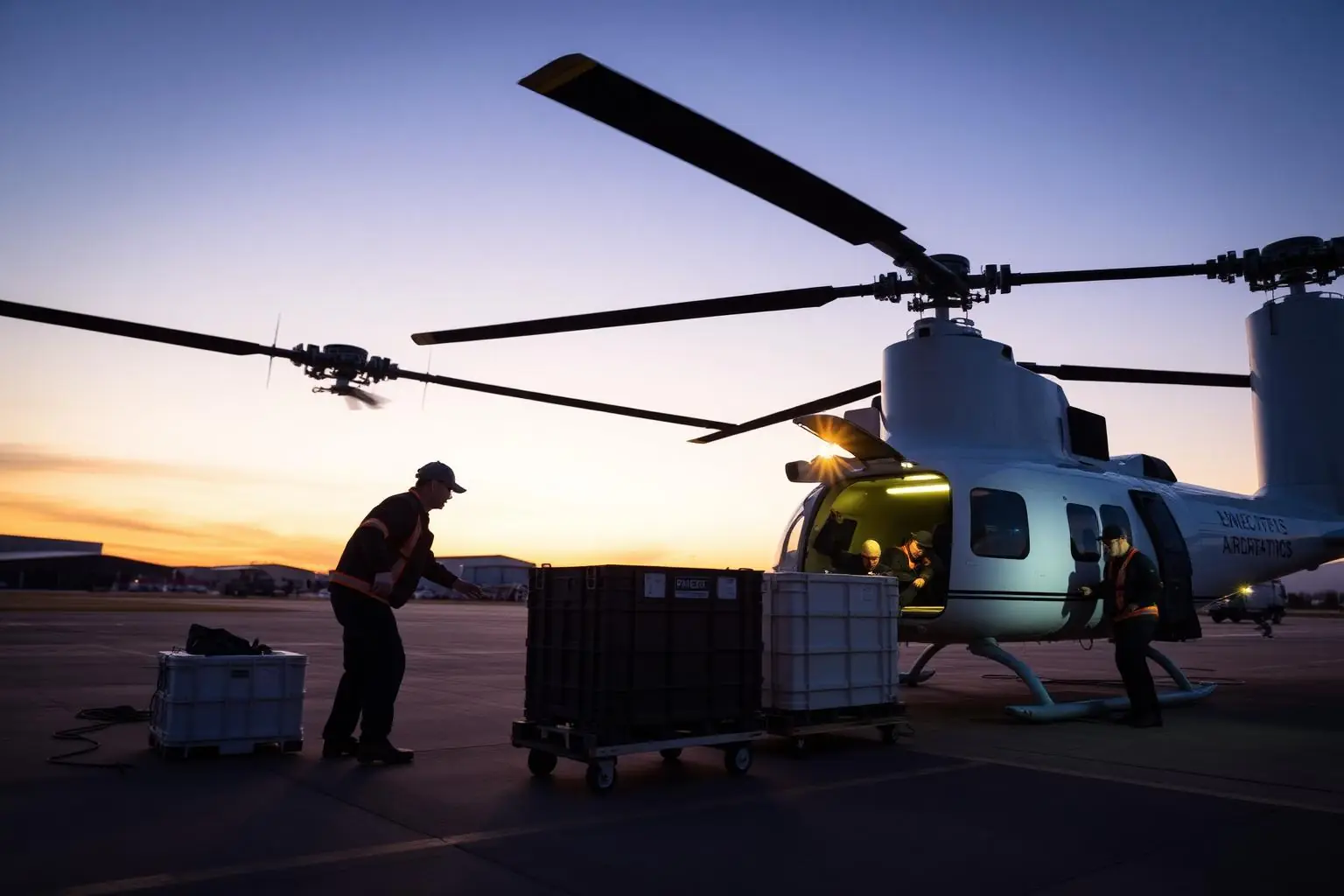 Crew loading insulated cold-chain cargo into a helicopter at dawn