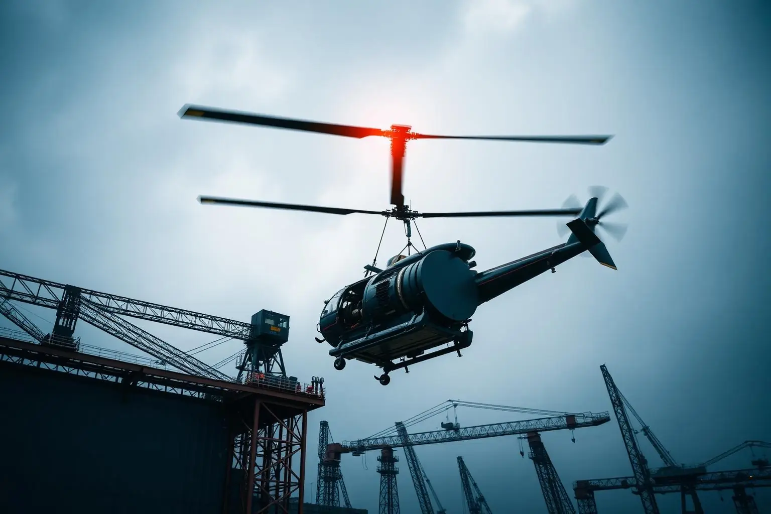Heavy-lift helicopter carrying an industrial machinery module above a manufacturing plant
