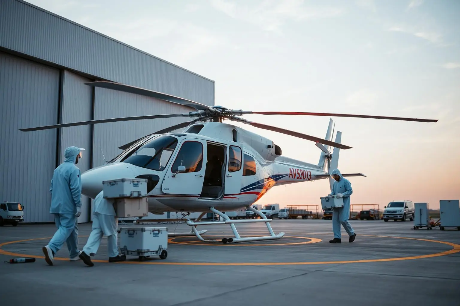 White helicopter on a pharmaceutical plant helipad with clean-room technicians loading containers