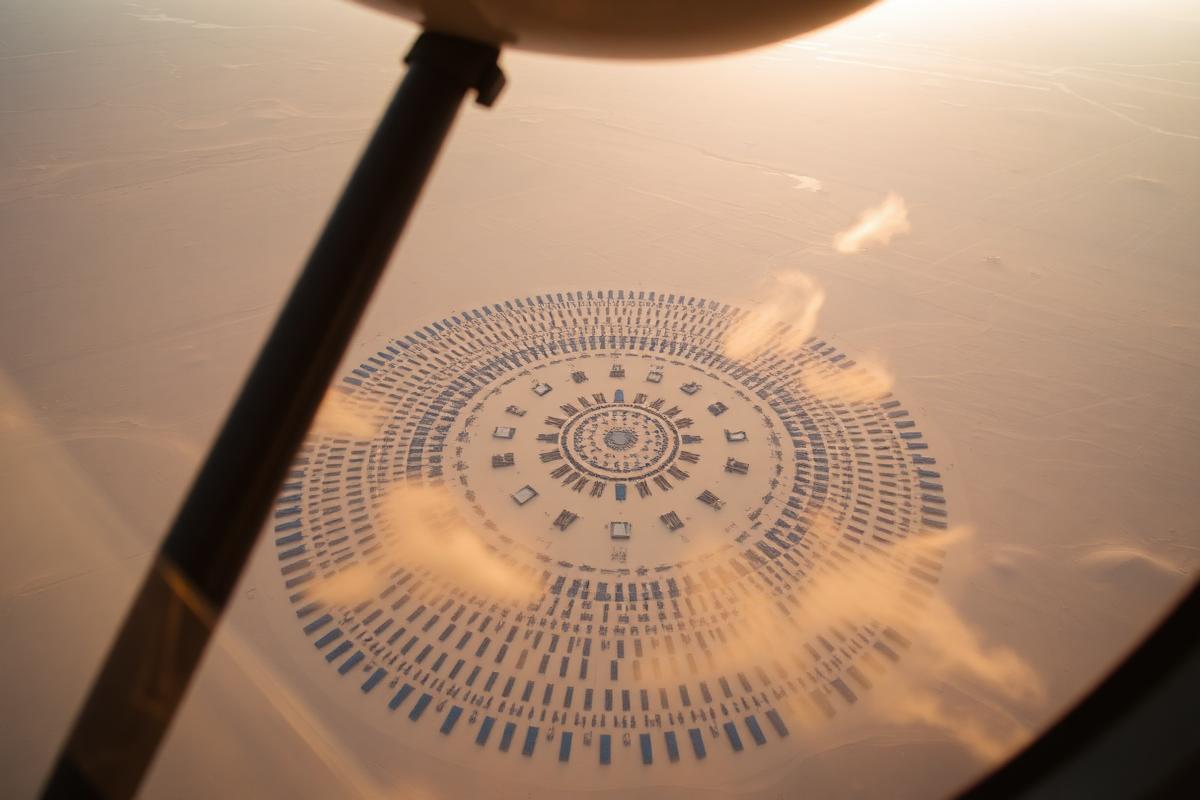 Aerial view of Black Rock City's circular festival grid from a helicopter window