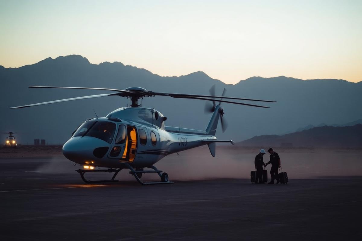 VIP twin-engine helicopter on a Nevada desert airstrip at dawn with crew loading luggage