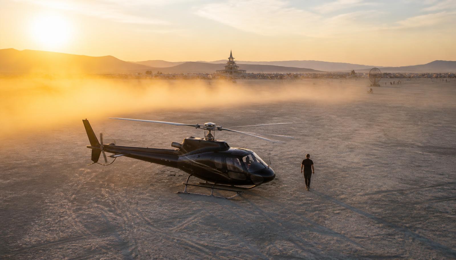 Private helicopter on the Black Rock Desert playa at sunset with Black Rock City on the horizon