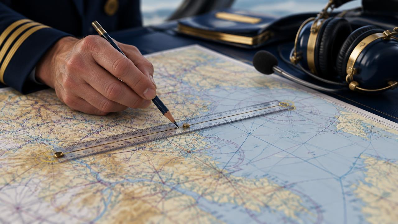 Pilot measuring a straight route on an aeronautical chart