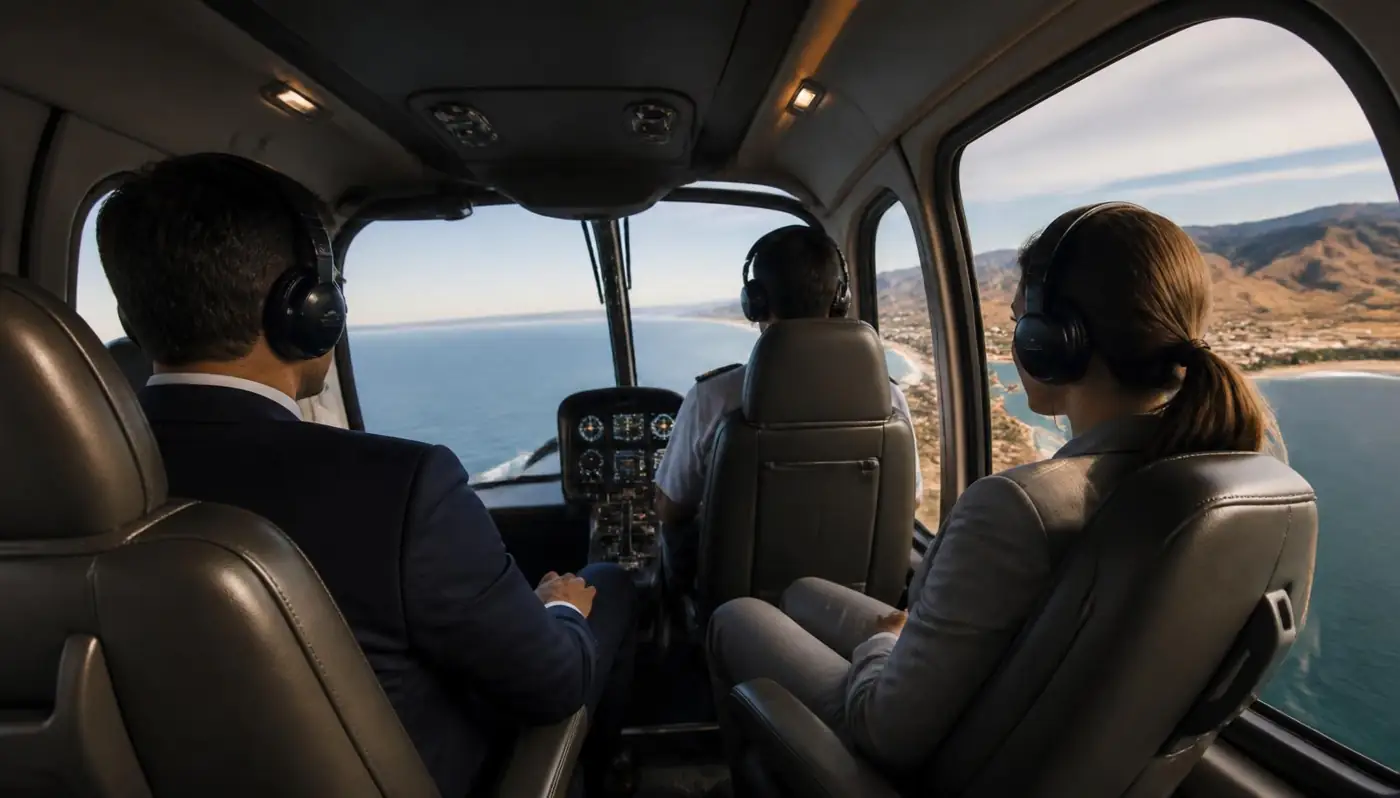 Two business passengers in a helicopter cabin with headsets during a coastal transfer flight