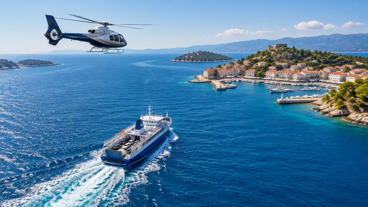 Helicopter flying above a car ferry approaching an island harbour