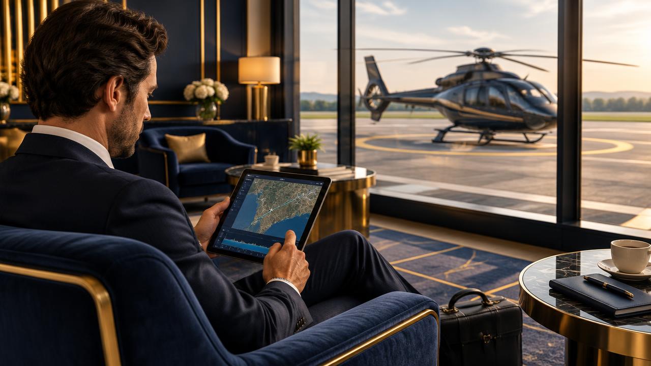 Helicopter charter planning photograph, not a verified Barossa aircraft or landing site