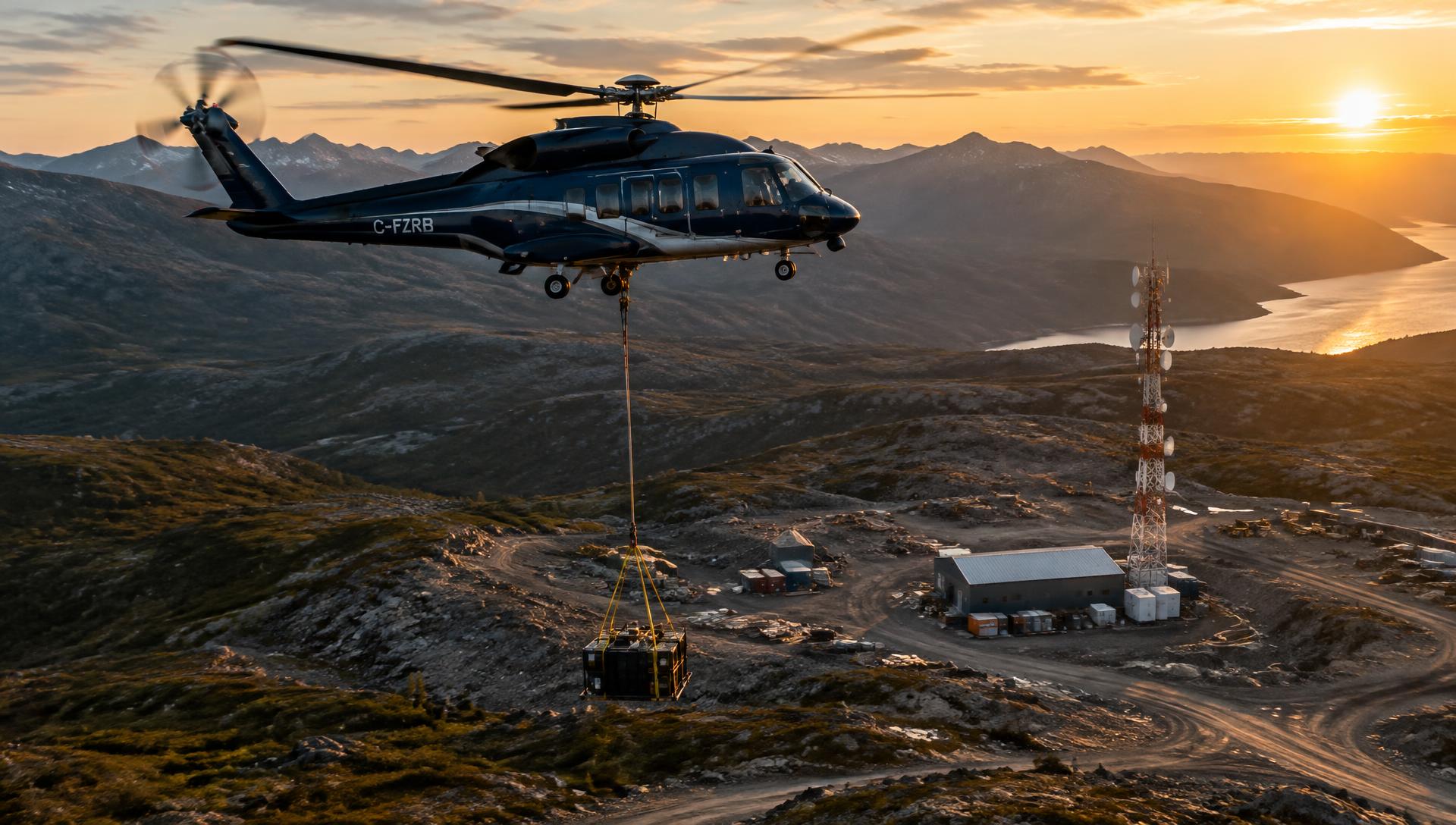 Twin-engine utility helicopter carrying an external long-line load over a remote industrial site beside a communications tower at sunset