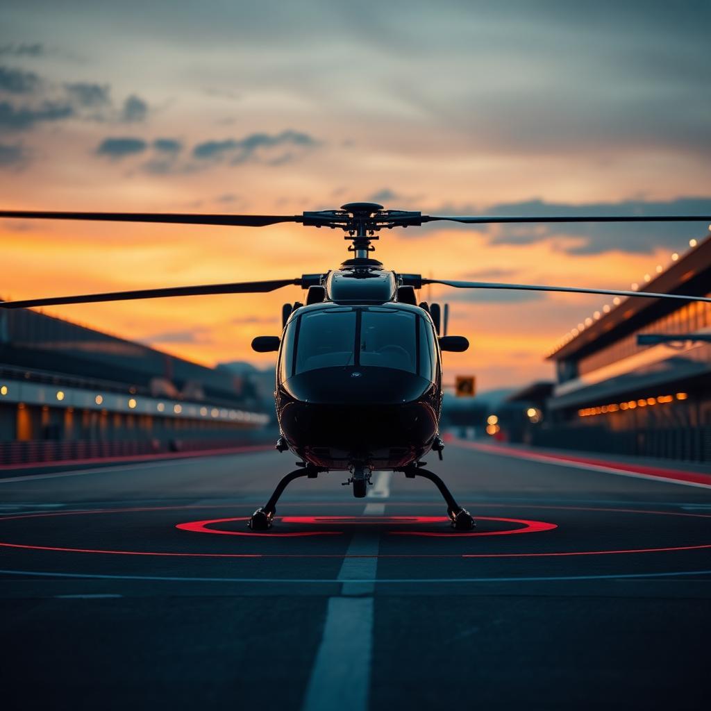 Luxury helicopter on an illuminated Formula 1 pit lane at dusk