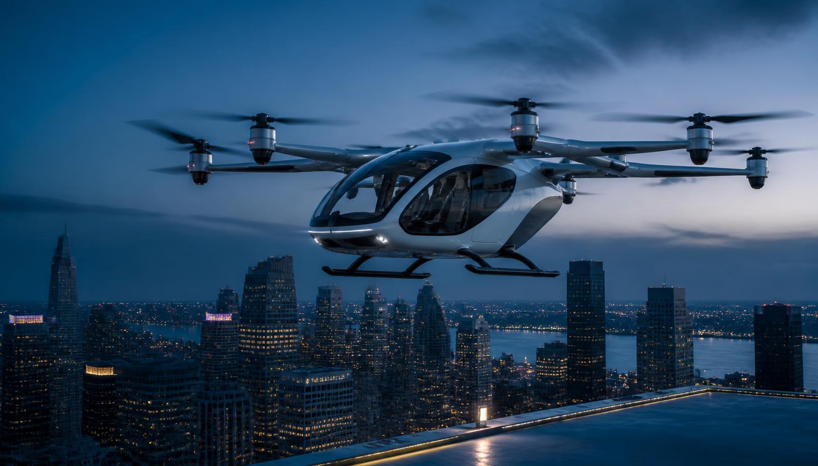 White electric eVTOL passenger air taxi hovering above a city skyline at blue hour