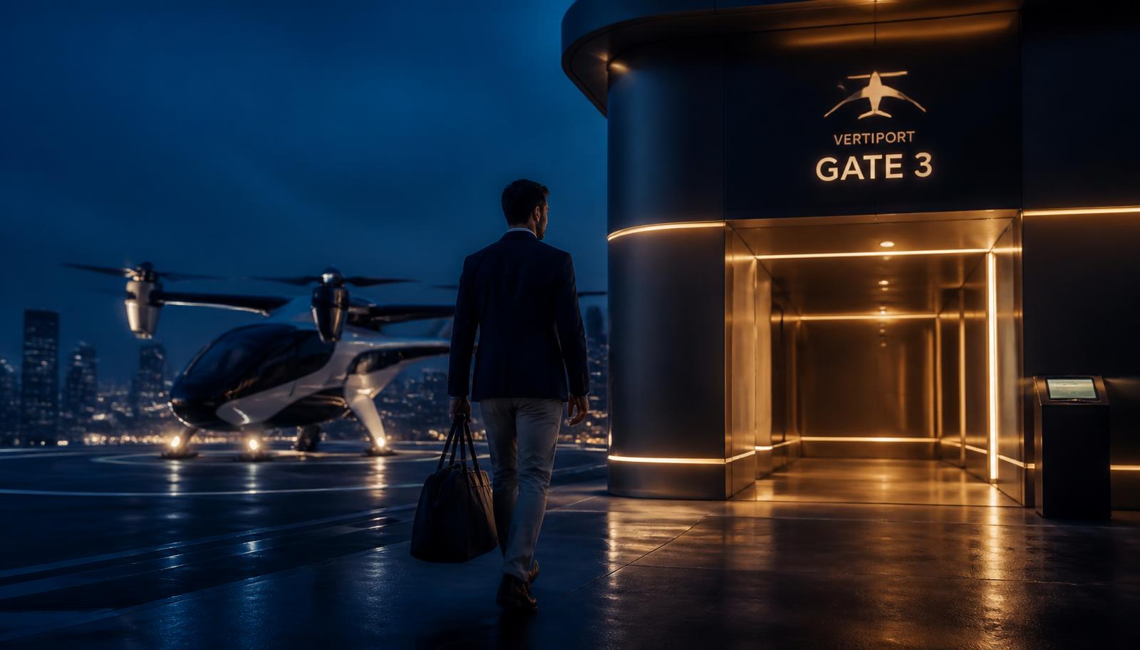 Traveller with a soft cabin bag walking towards a lit vertiport gate with an electric air taxi waiting on the pad at dusk