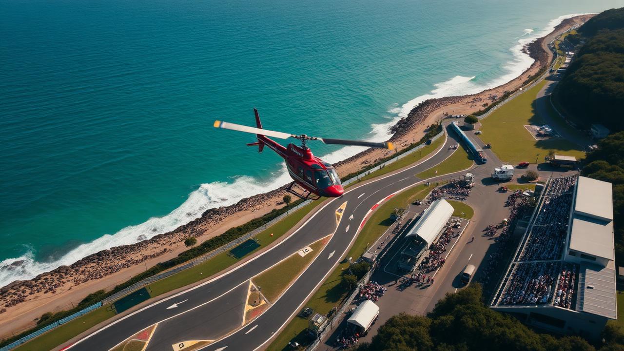 Helicopter flying above a coastal racing circuit and grandstands on an event weekend