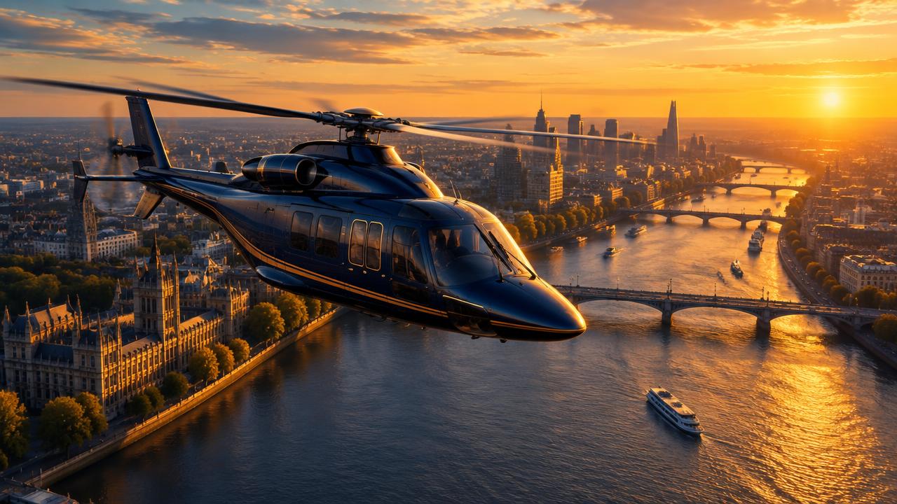 Private helicopter flying over a river city at sunset