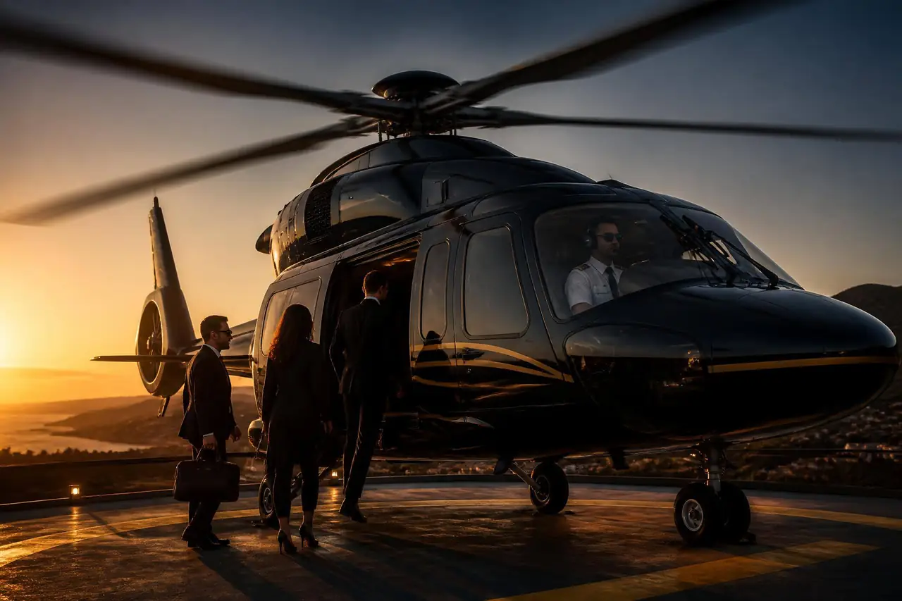 Black VIP twin-engine helicopter in flight at golden hour — SkyMatch Group global helicopter procurement