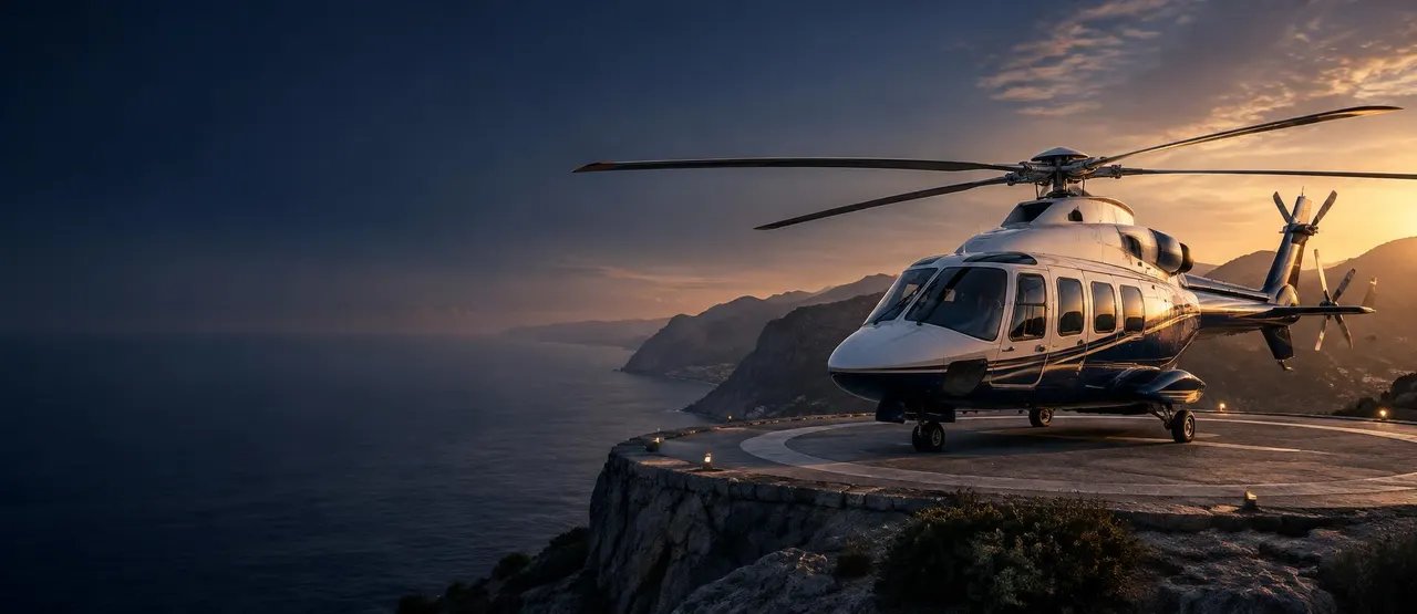 Executive twin-engine helicopter on a clifftop helipad above the coast at golden hour — SkyMatch Group global helicopter charter and mission concierge
