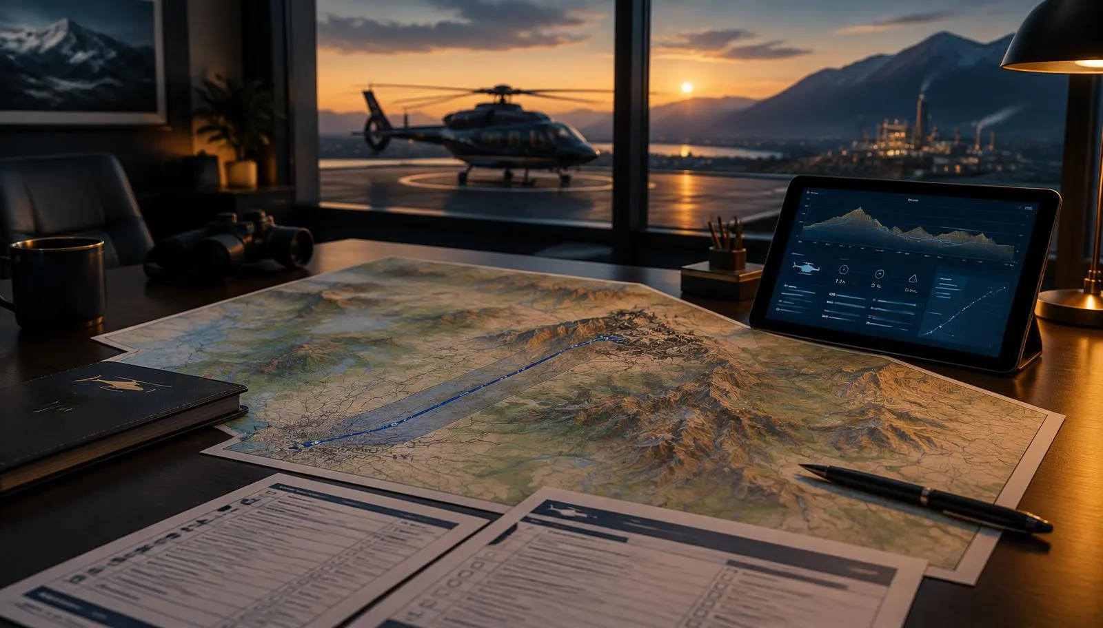 Helicopter charter planning desk with a topographic route map, checklists and a tablet, a helicopter on a helipad outside at dusk