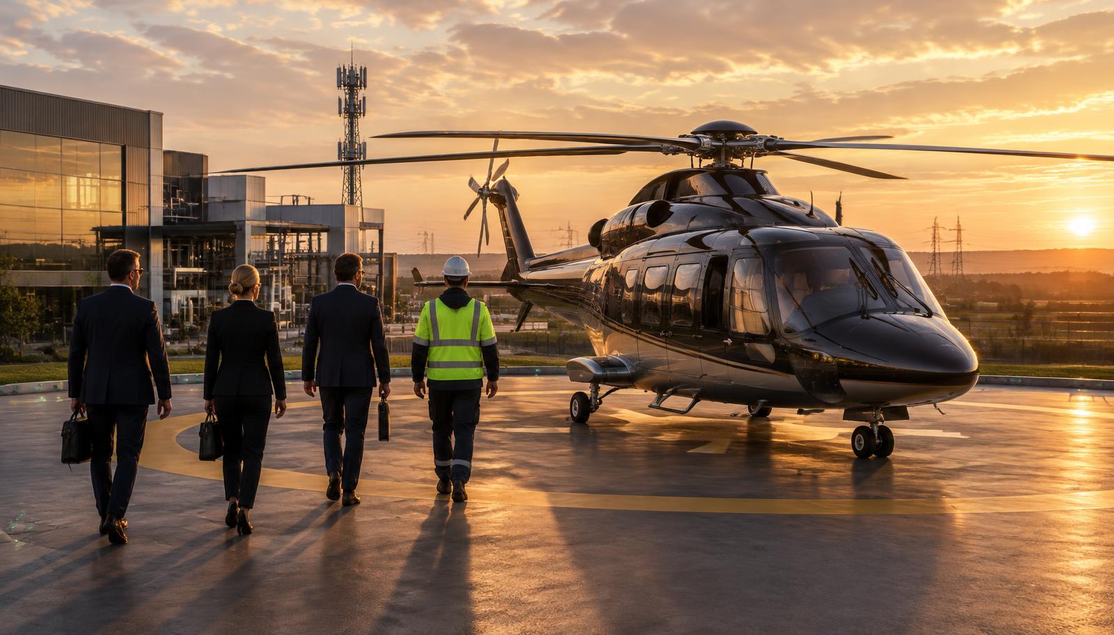 Des dirigeants et un ingénieur se dirigent vers un hélicoptère sur l'hélisurface privée d'un site industriel