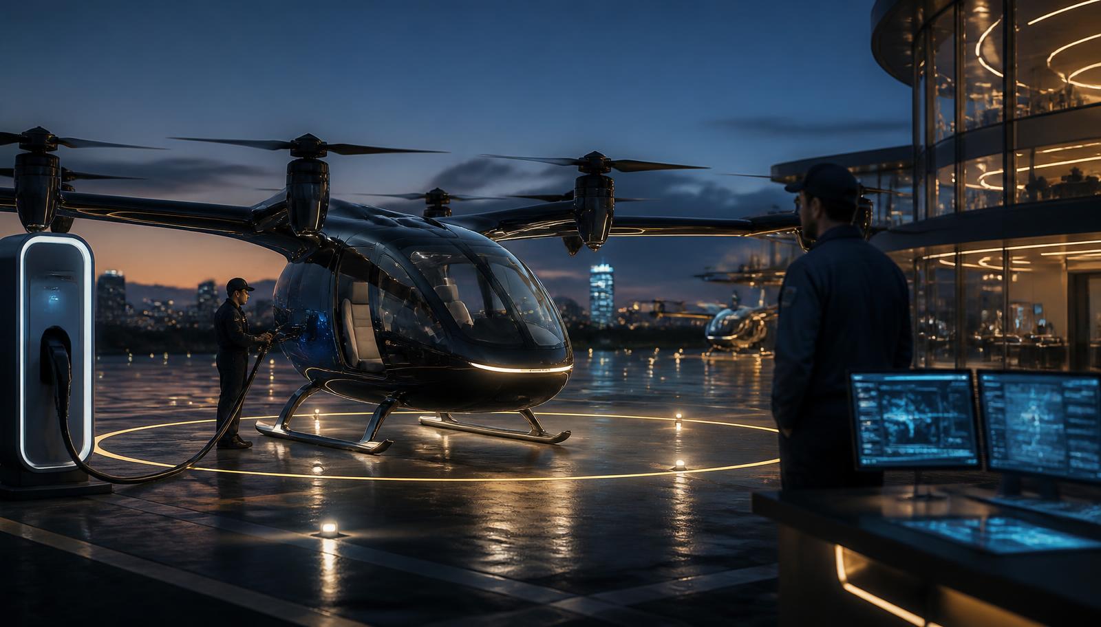 Ground crew charging an electric air taxi on a lit vertiport pad beside digital flight-operations screens at dusk