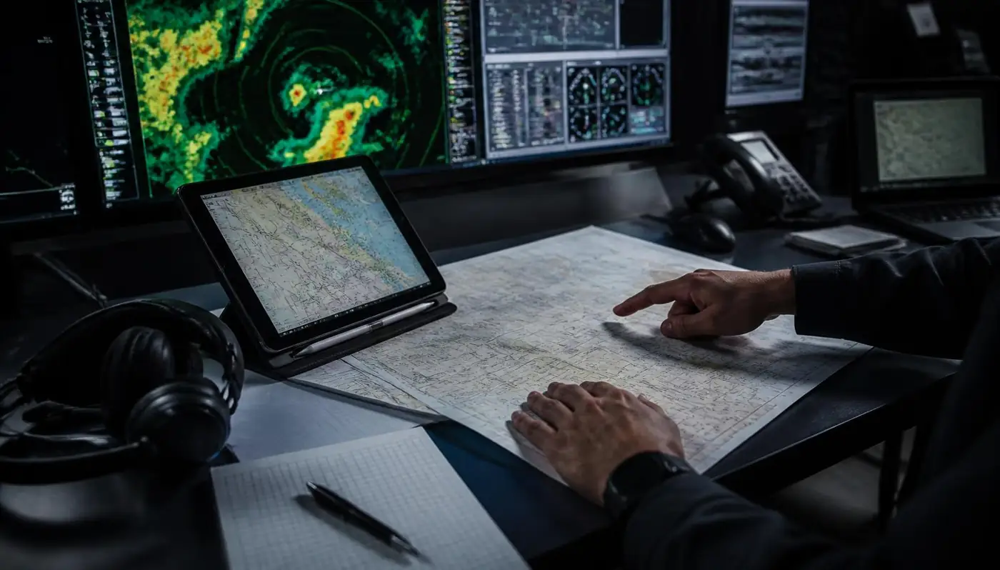 Helicopter flight coordinator planning a route with charts, weather radar and an approach map