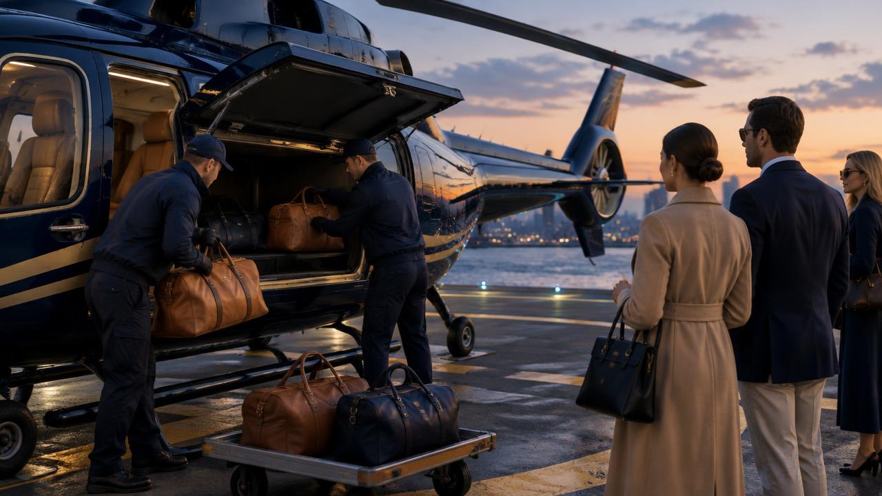 Ground crew loading soft bags into a private helicopter