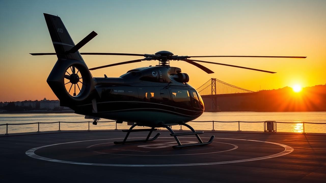 Helicóptero executivo num heliporto ao pôr do sol