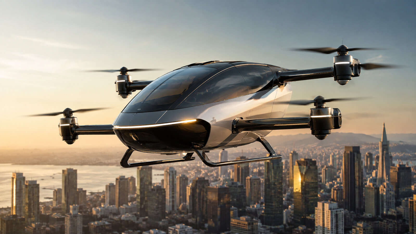 Passenger eVTOL air taxi in flight above a city skyline at dusk, with a rooftop vertiport below