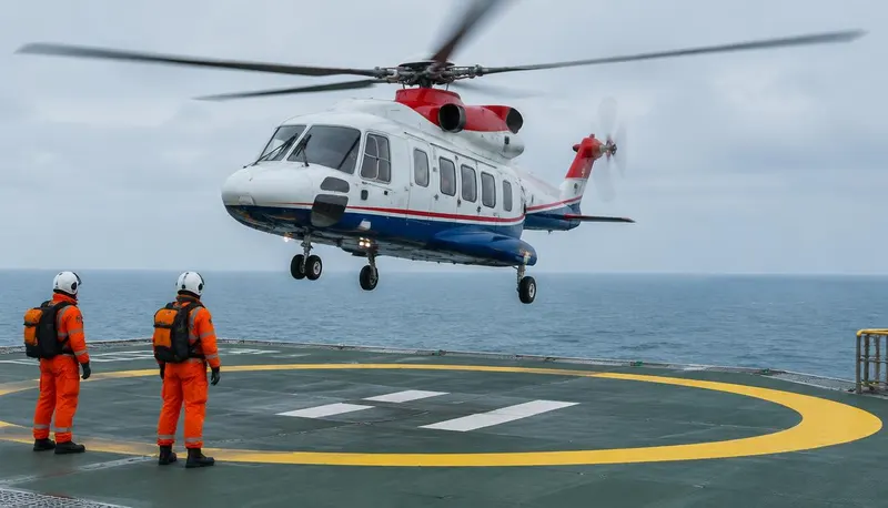 Crew in survival suits boarding a helicopter on an offshore platform helideck