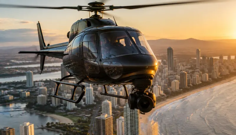 Helicopter with a nose-mounted camera gimbal filming a coastal city
