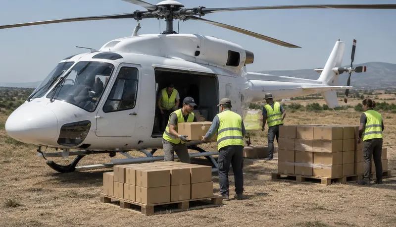 Relief cargo being loaded onto a helicopter at a field site