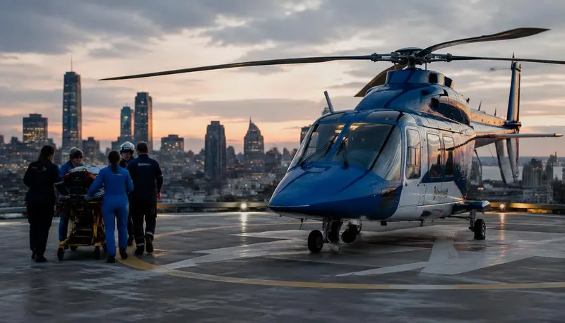 Medical helicopter on a hospital rooftop helipad at dusk