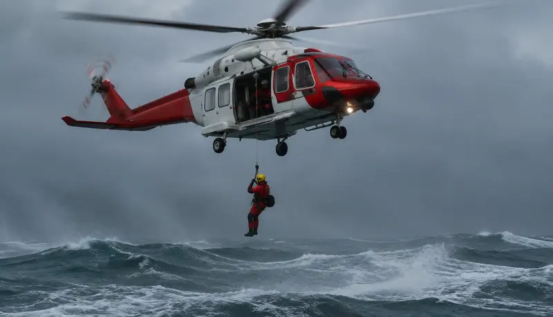 Search and rescue helicopter hoisting over rough coastal water
