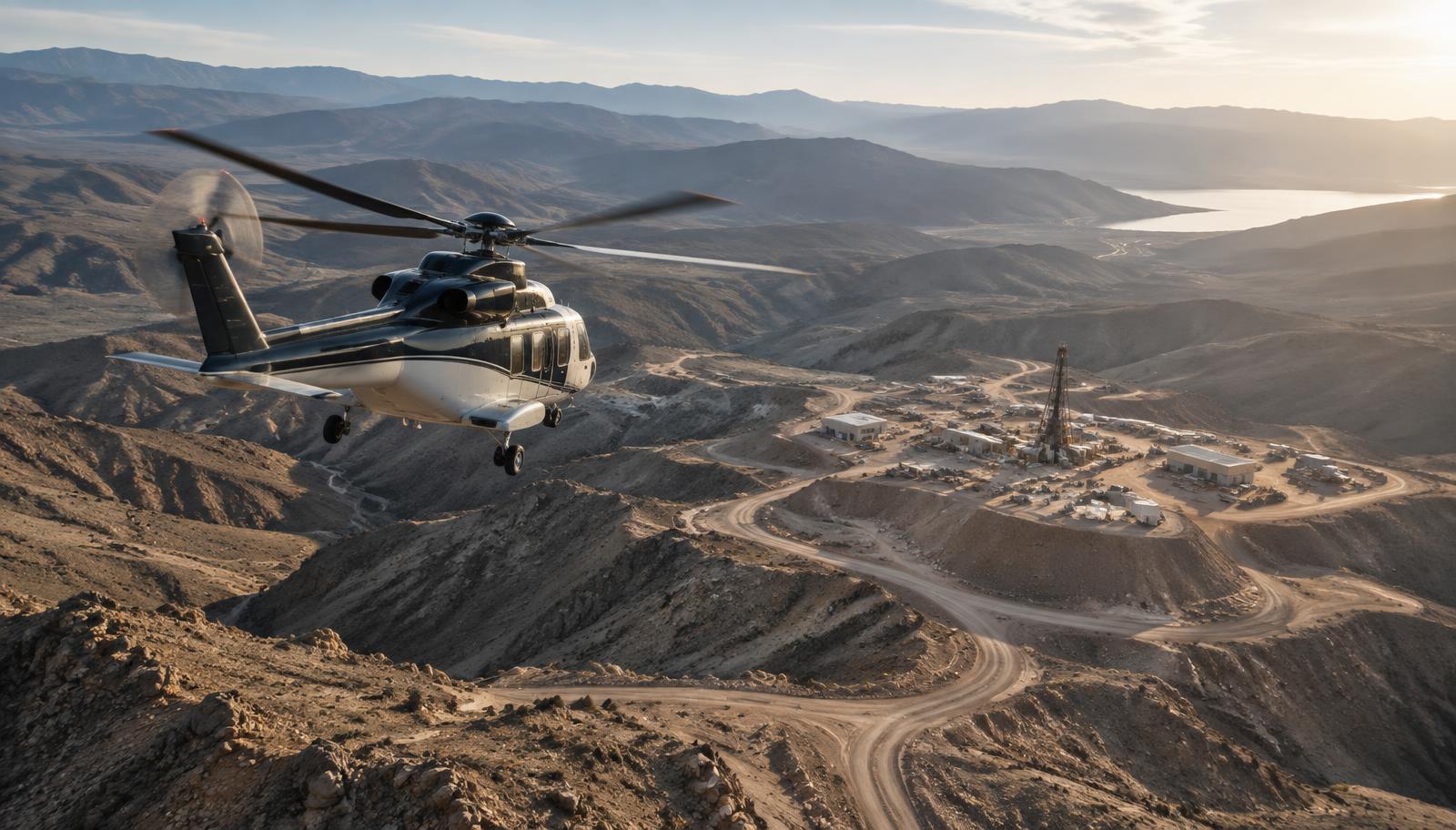 Aerial view of a twin-engine helicopter approaching a remote industrial project site with rugged unpaved access roads winding below