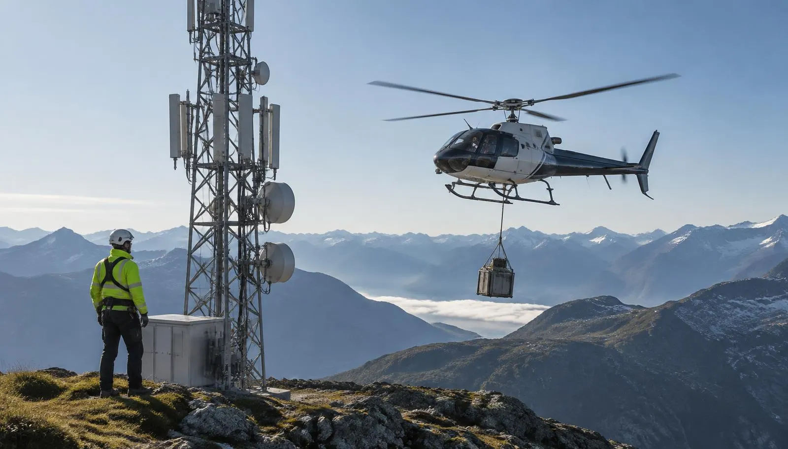 Utility helicopter carrying an underslung load beside a mountain telecom tower