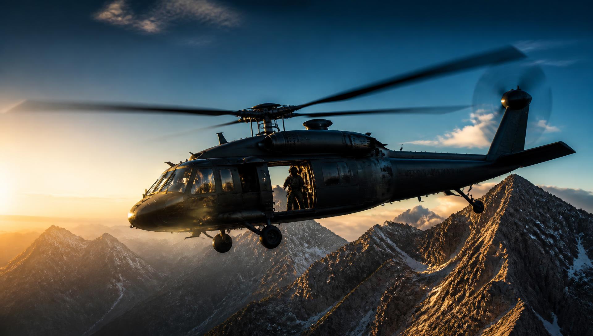 Helicopter silhouetted against a golden sunset — special missions worldwide