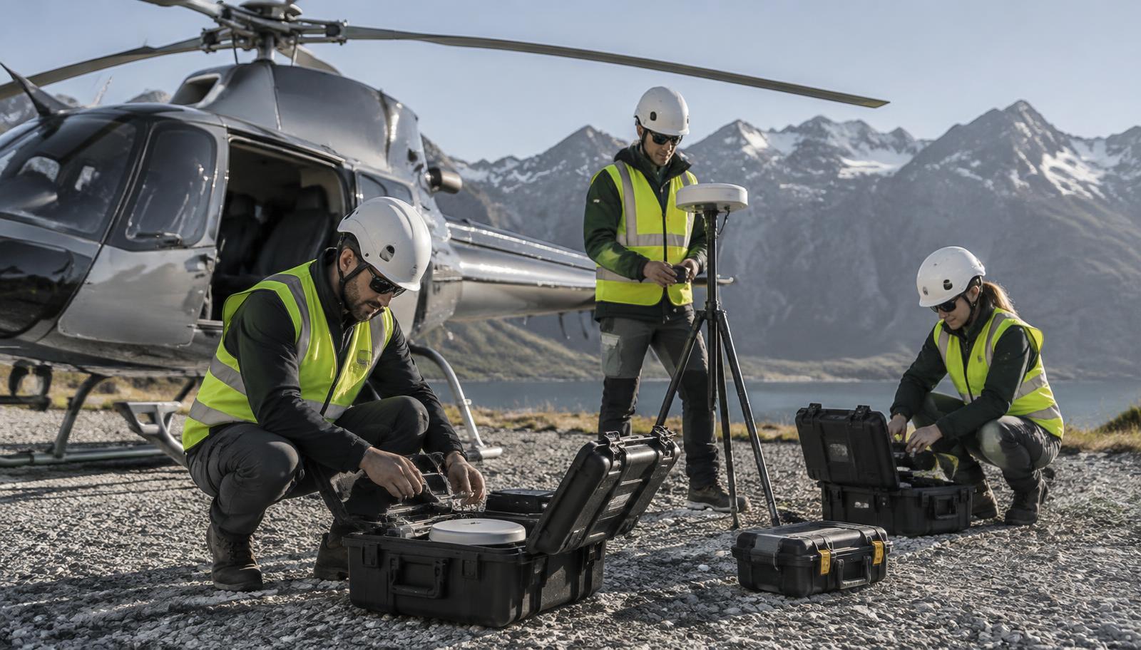 Technical crew in high-visibility vests preparing compact survey and antenna equipment cases beside a parked utility helicopter