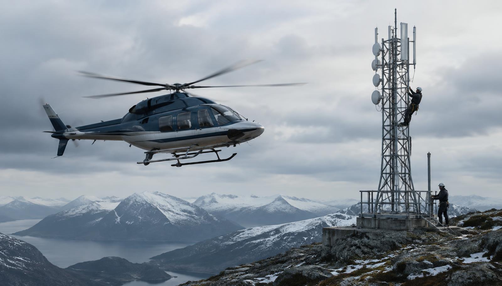 Utility helicopter approaching a remote telecommunications lattice tower on a mountain ridge while technicians work on the structure