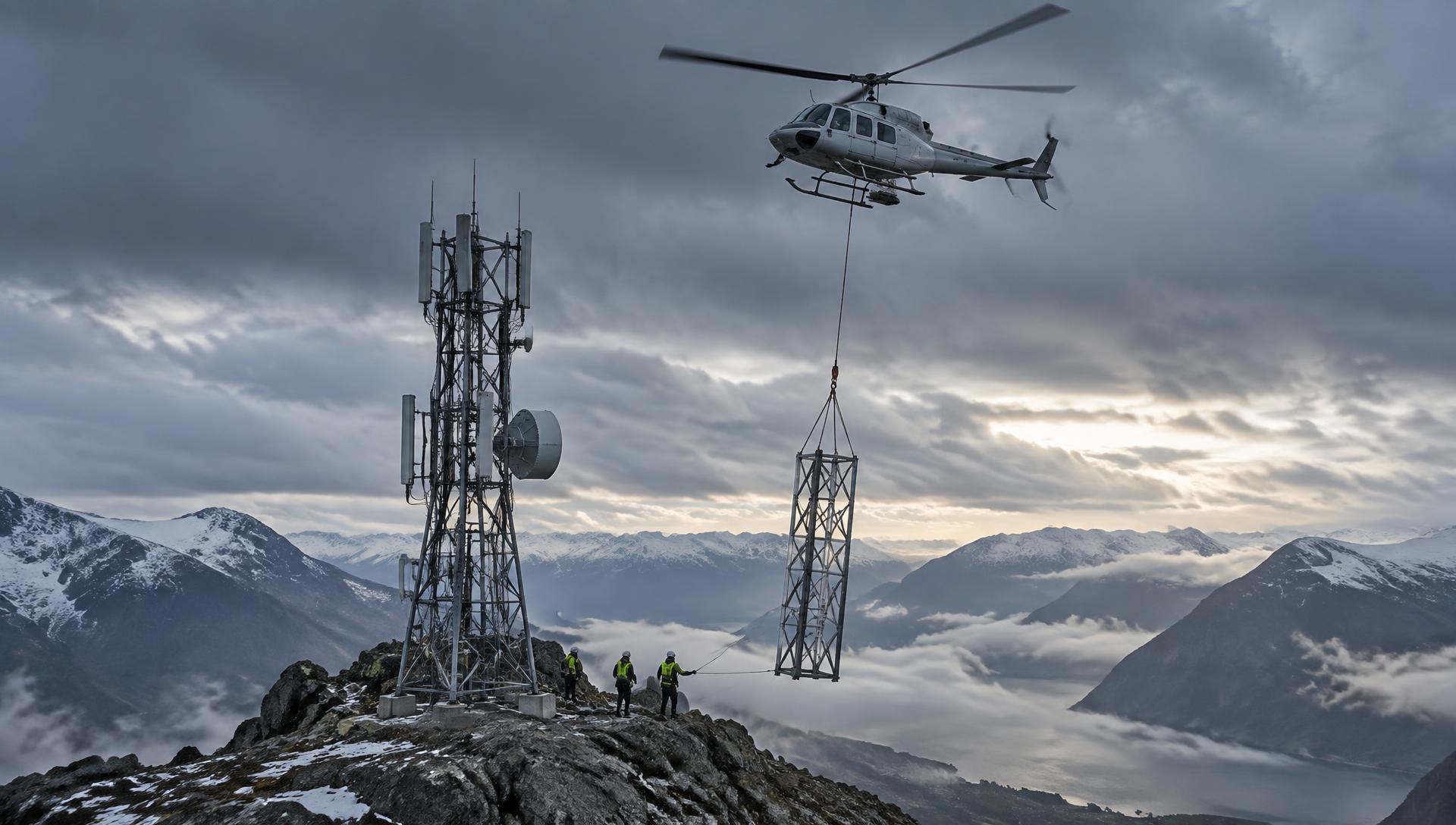 Utility helicopter placing a steel lattice tower section by long-line beside a remote mountain-ridge communications tower while a ground crew waits at the base