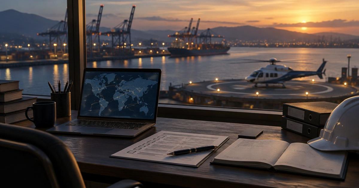 Desk with a laptop route map, mission checklist and hard hat overlooking a port helipad with a twin-engine helicopter at dusk