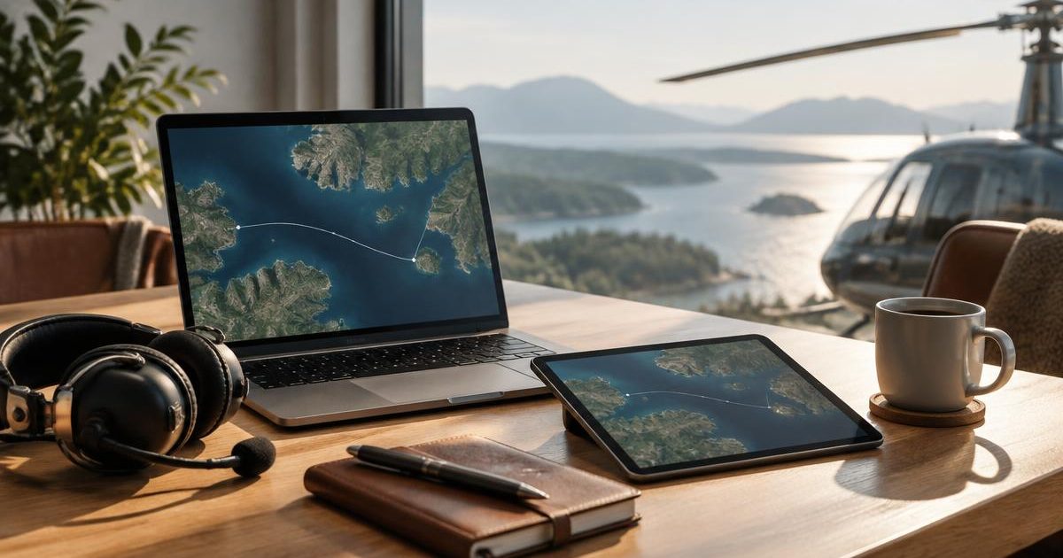 Laptop and tablet showing an island route map beside an aviation headset