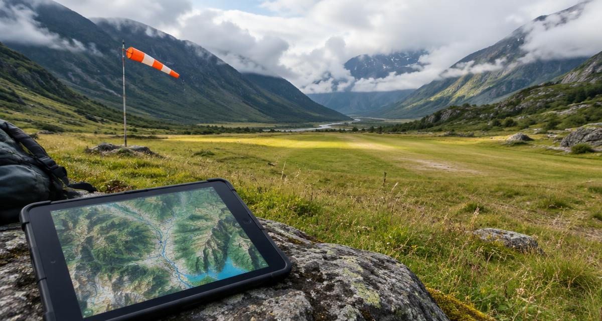 Grassy mountain-valley landing area with a windsock, low cloud and a tablet showing a terrain map on a rock