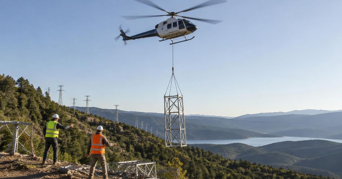 Helicóptero utilitário içando uma seção de torre de aço com cabo longo sobre um canteiro de obras em uma encosta, com equipe de solo usando roupas de alta visibilidade