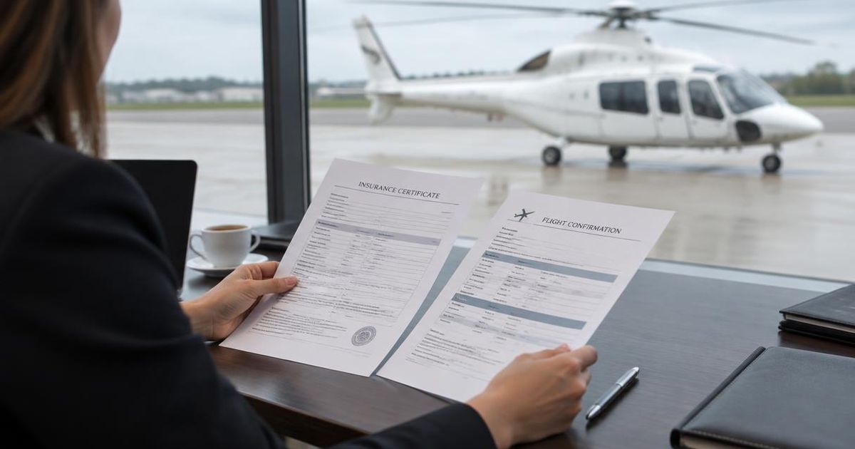 Corporate travel manager reviewing an insurance certificate and charter confirmation at a desk, with a helicopter on the apron outside the window