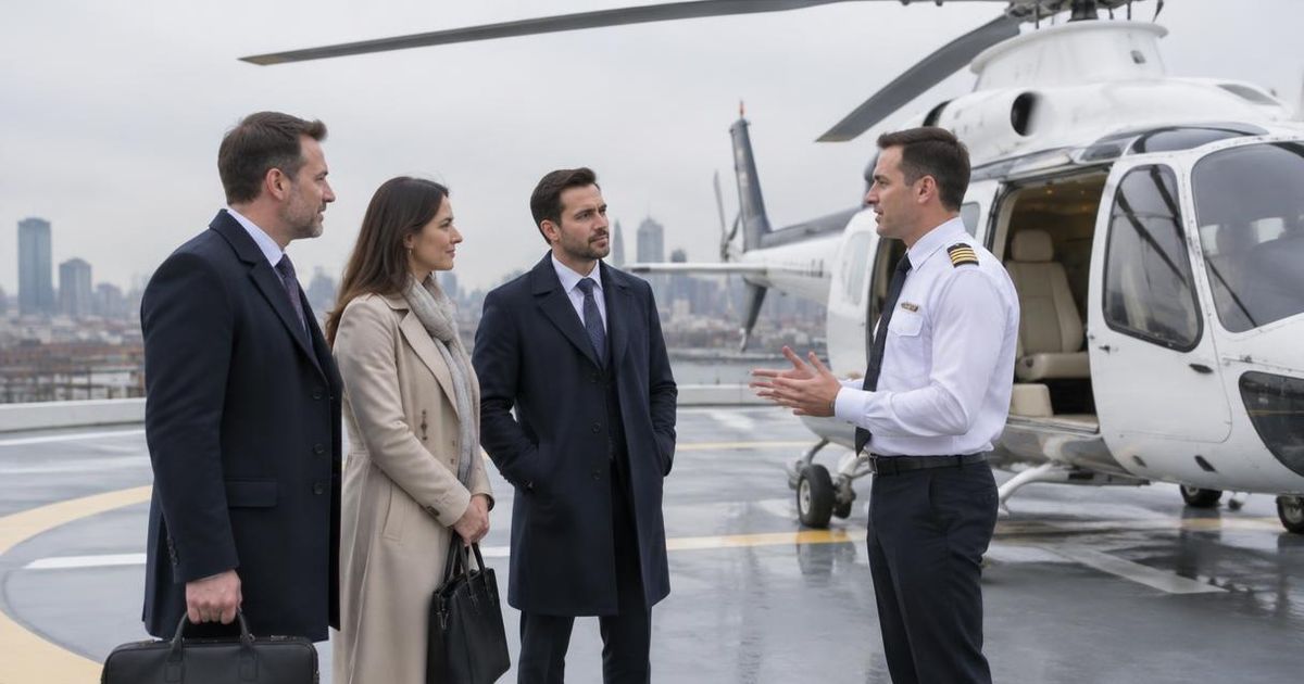 Voyageurs d’affaires écoutant le briefing de sécurité d’un pilote sur une hélisurface avant d’embarquer dans un hélicoptère bimoteur